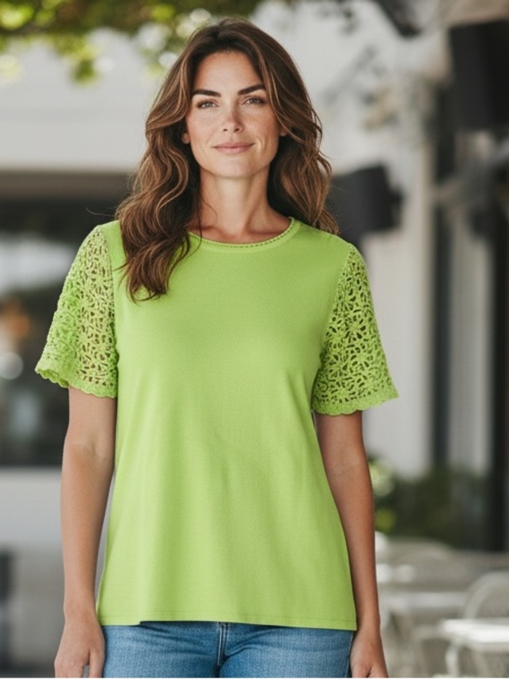 Designers Originals Lime Green Crochet Sleeve Knit Top Large‎ Cottagecore Boho